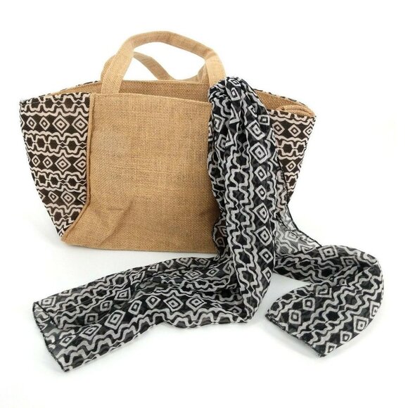 Cypress Home Shoulder Bag With Scarf Jute Beige Black White Coated‎ Lining - Picture 1 of 9